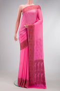 Pink Dual Tone Mysore Georgette Saree with Plain Body and Thread Border.  displayed on a mannequin
