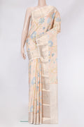 Peach Dual Tone Kanchipuram Silk Saree with Printed design on the body and Zari Border.  displayed on a mannequin