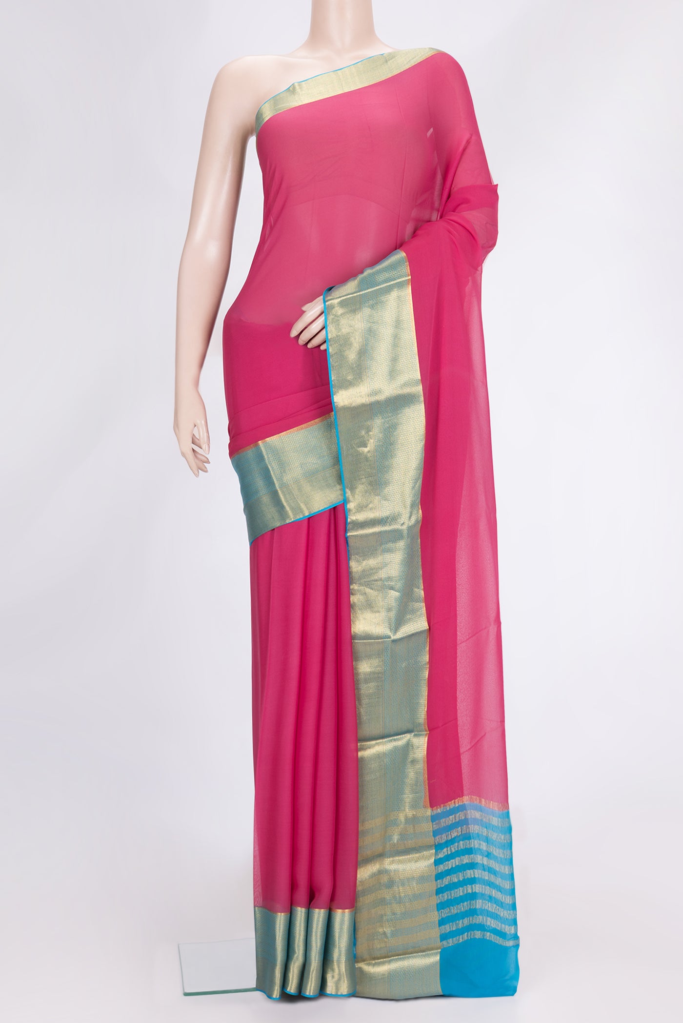 Pink Dual Tone Mysore Georgette Saree with Plain Body and Zari Border.  displayed on a mannequin