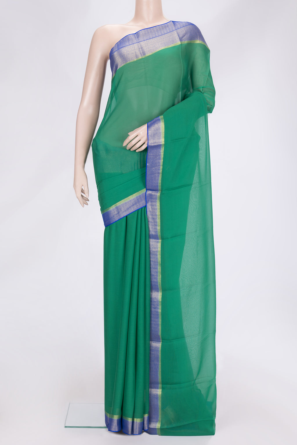 Green Dual Tone Mysore Georgette Saree with Plain Body and Zari Border.  displayed on a mannequin