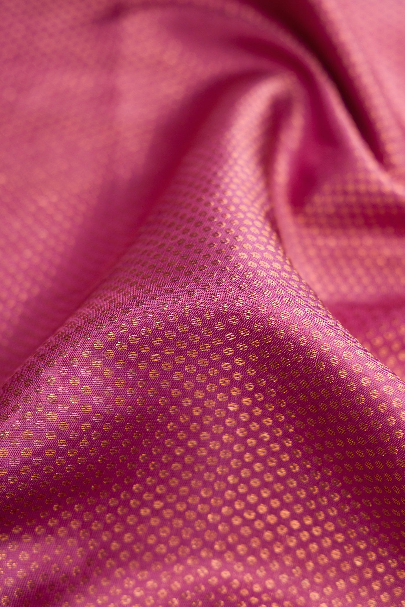 Close up of Pink Dual Tone Kanjivaram Silk Saree with Zari Brocade on the body and Fancy Border.  displaying folds