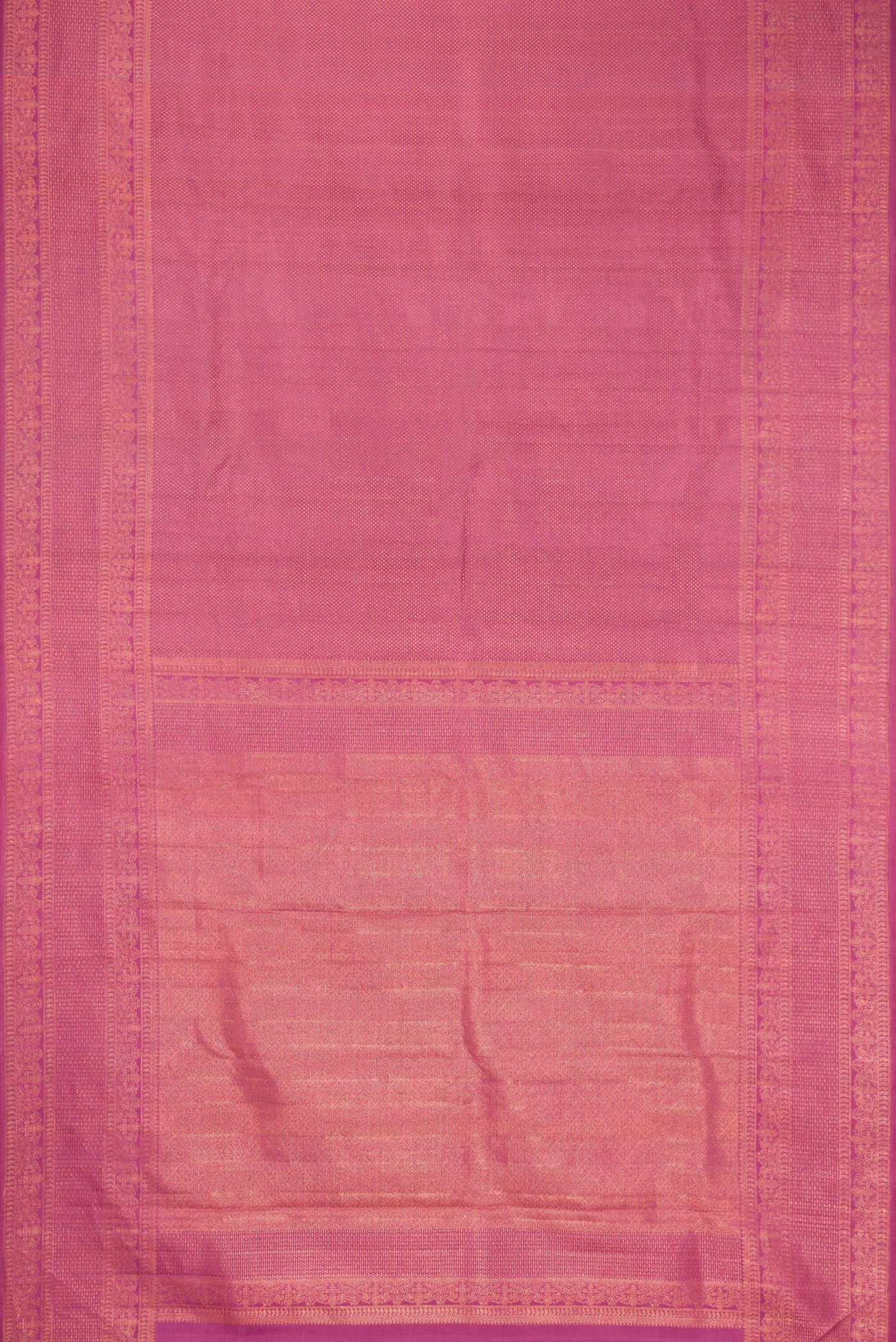 Flat view of Pink Dual Tone Kanjivaram Silk Saree with Zari Brocade on the body and Fancy Border. 
