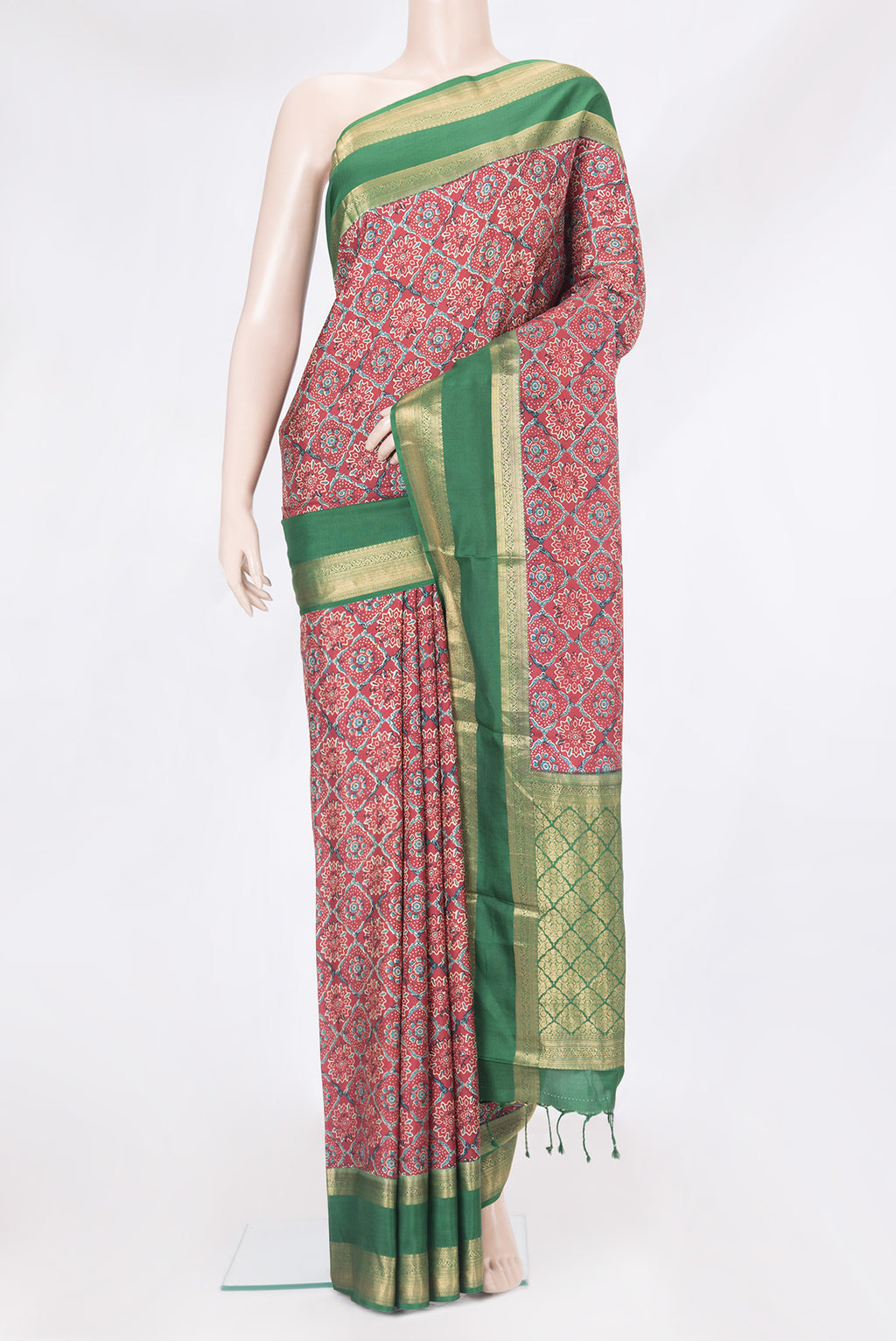 Maroon Dual Tone Kanjivaram Silk Saree with Printed design on the body and Zari Border.  displayed on a mannequin