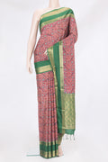 Maroon Dual Tone Kanjivaram Silk Saree with Printed design on the body and Zari Border.  displayed on a mannequin