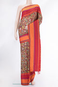 Maroon Dual Tone Kanjivaram Silk Saree with kalamkari Print on the body and Zari And Thread Border.  displayed on a mannequin