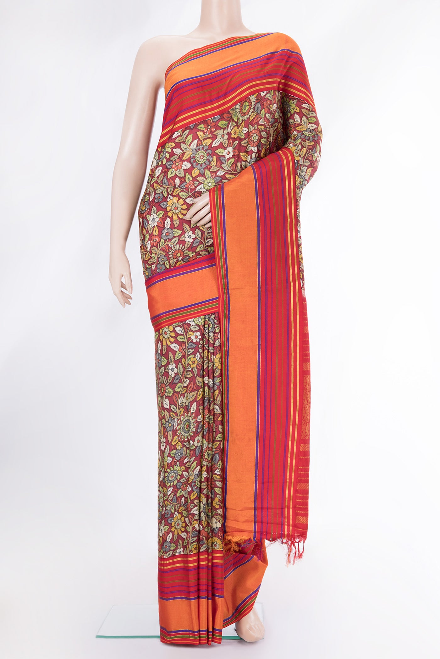 Maroon Dual Tone Kanjivaram Silk Saree with kalamkari Print on the body and Zari And Thread Border.  displayed on a mannequin
