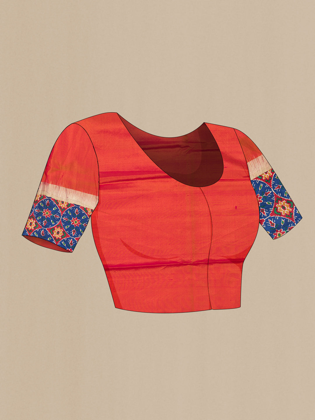 Close up image of the blouse of Red Dual Tone Kanchipuram Silk Saree with Printed design on the body and Printed Border. 