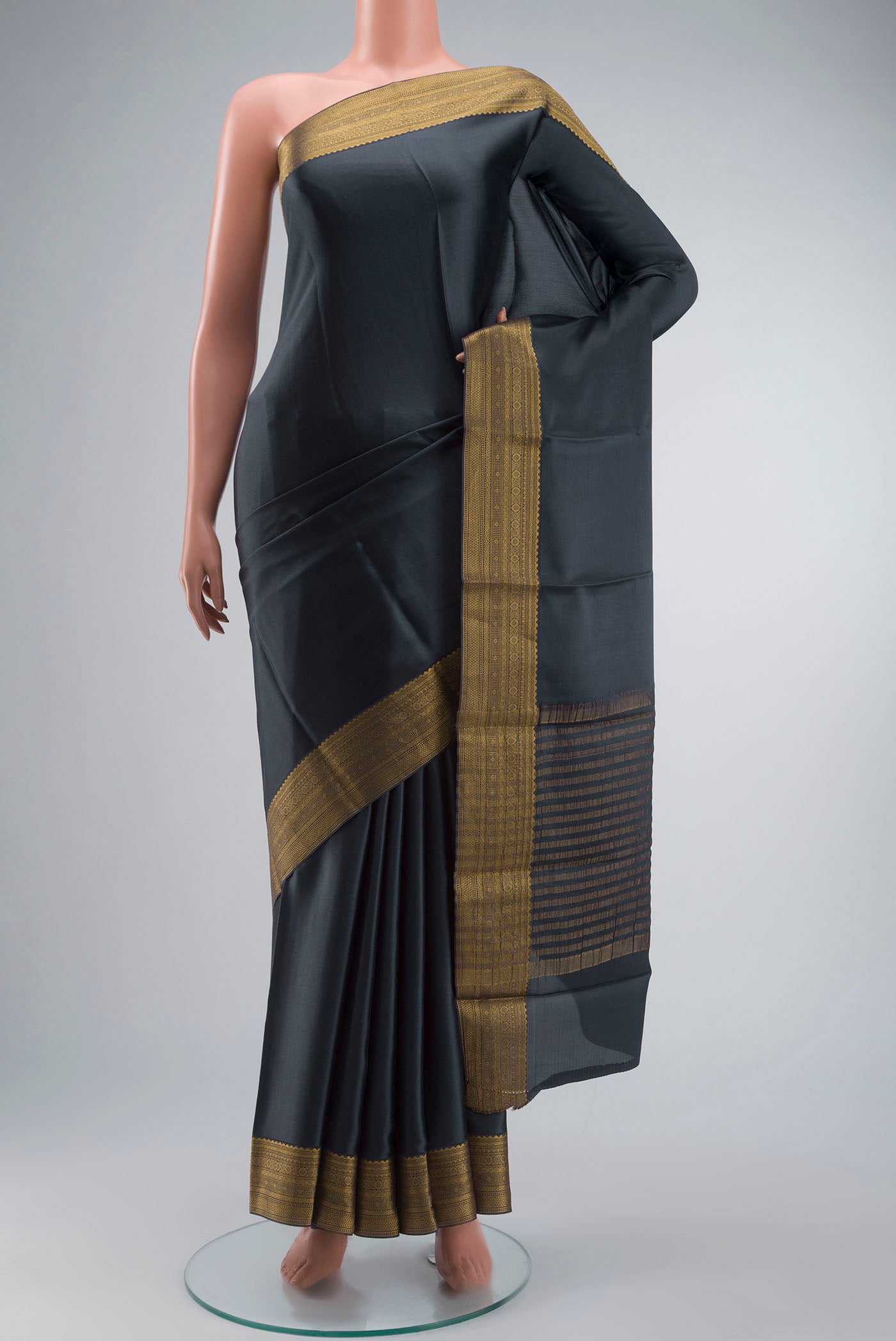 Grey Satin Silk Saree with Plain Body and Zari Border displayed on a mannequin