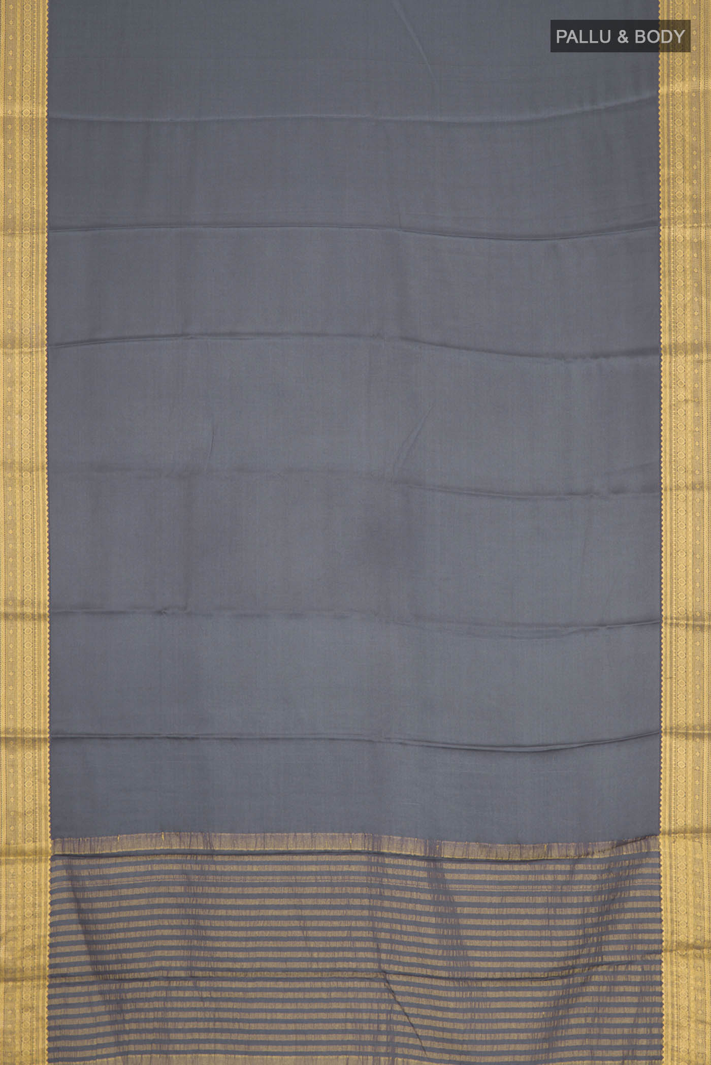 Flat view of Grey Satin Silk Saree with Plain Body and Zari Border