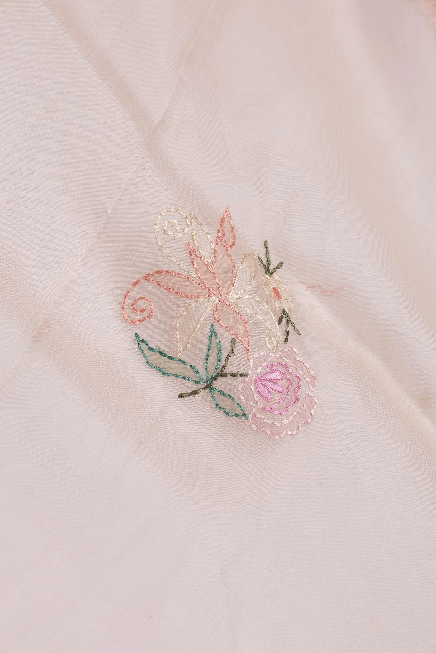 Close up of Peach Dual Tone Organza Silk Saree with Embroidery on the body and Embroidery Border.  displaying folds