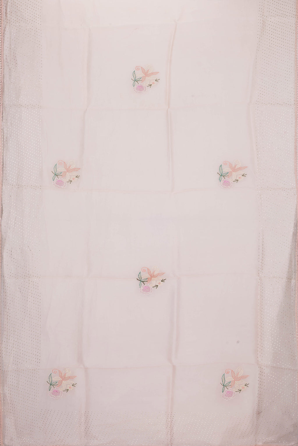 Flat view of Peach Dual Tone Organza Silk Saree with Embroidery on the body and Embroidery Border. 