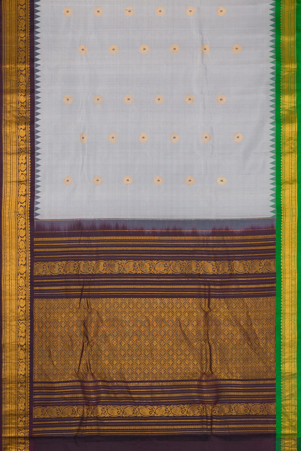 Flat view of Grey Dual Tone Gadwal Silk Saree with Zari And Thread Butta on the body and Ganga Jamuna Border. 