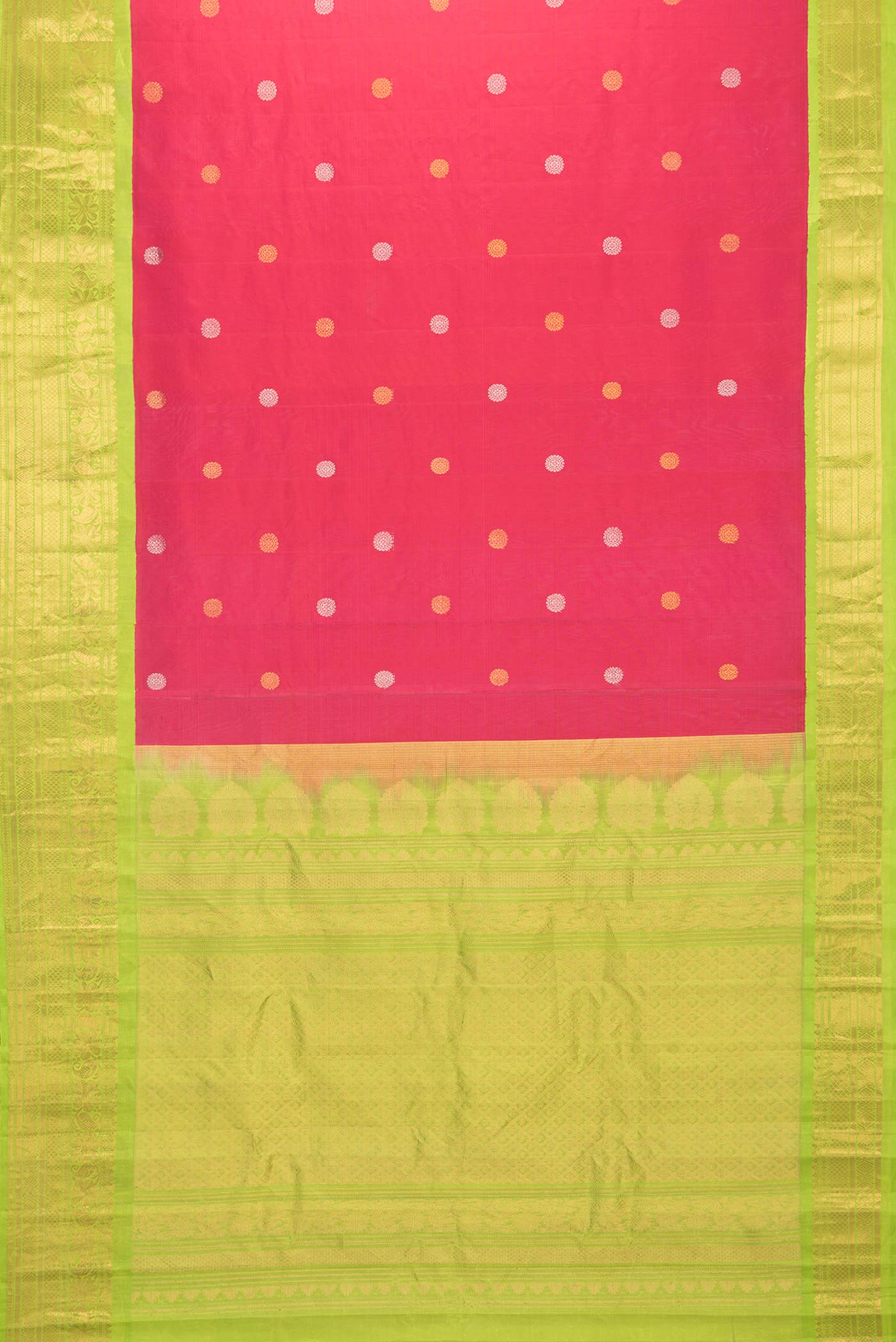 Flat view of Pink Dual Tone Gadwal Silk Saree with Zari Butta on the body and Zari Border