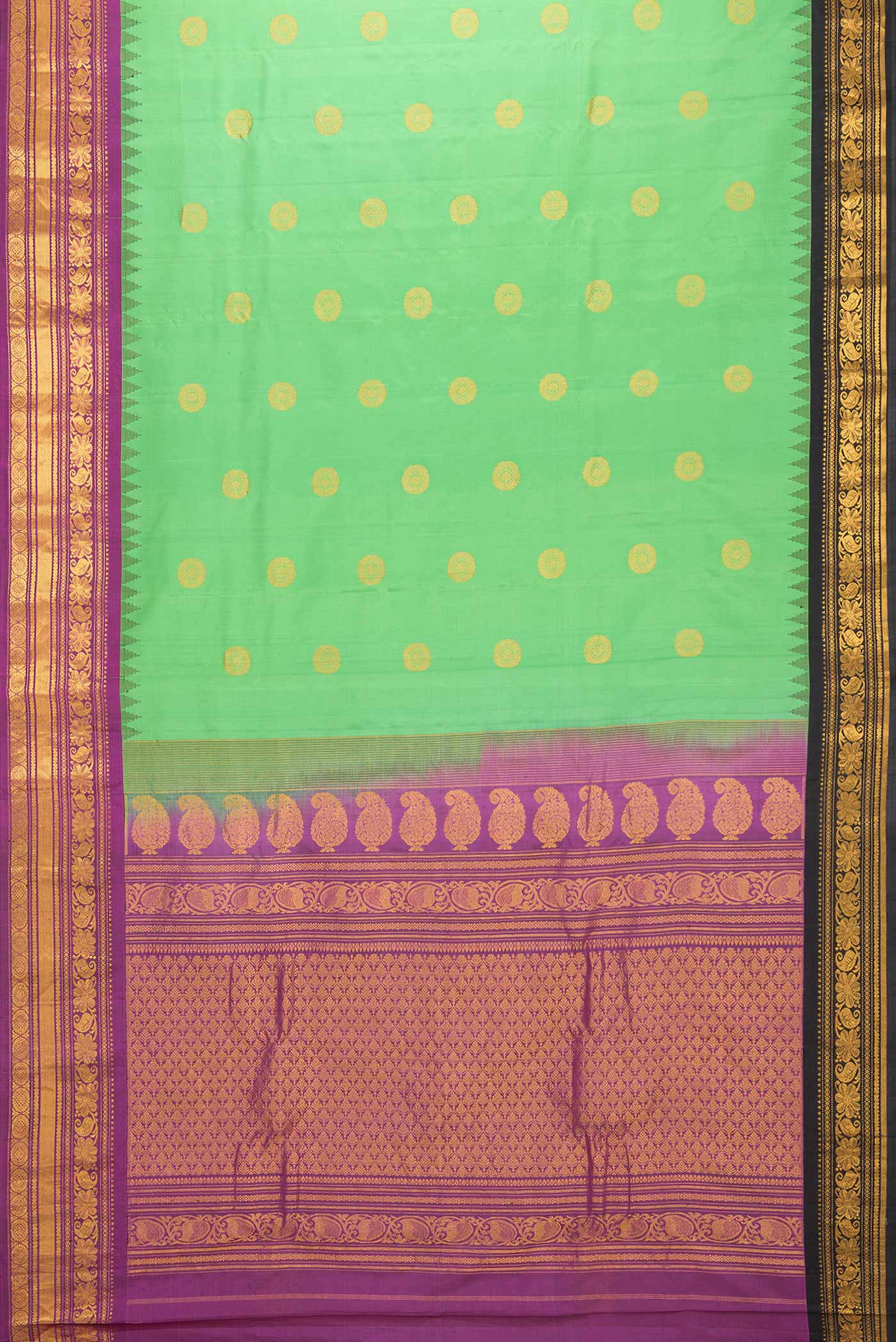 Flat view of Parrot Green Dual Tone Gadwal Silk Saree with Zari Butta on the body and Ganga Jamuna Border