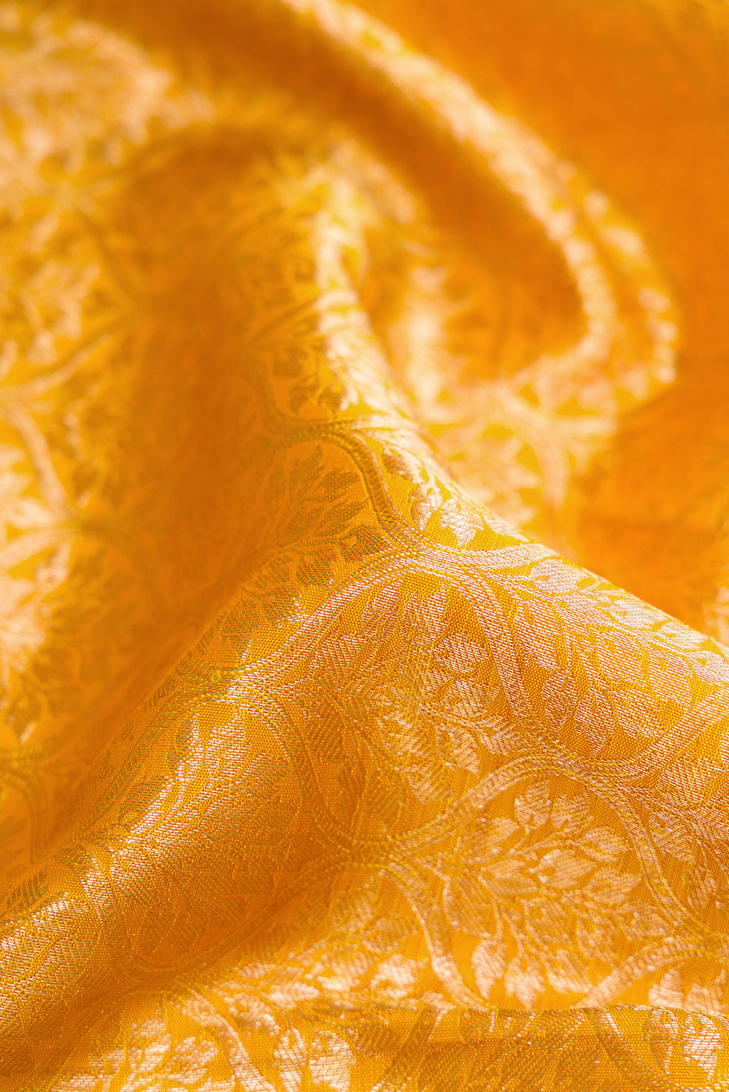 Close up of Mustard Dual Tone Kanchipuram Silk Saree with Zari Brocade on the body and Zari Border.  displaying folds