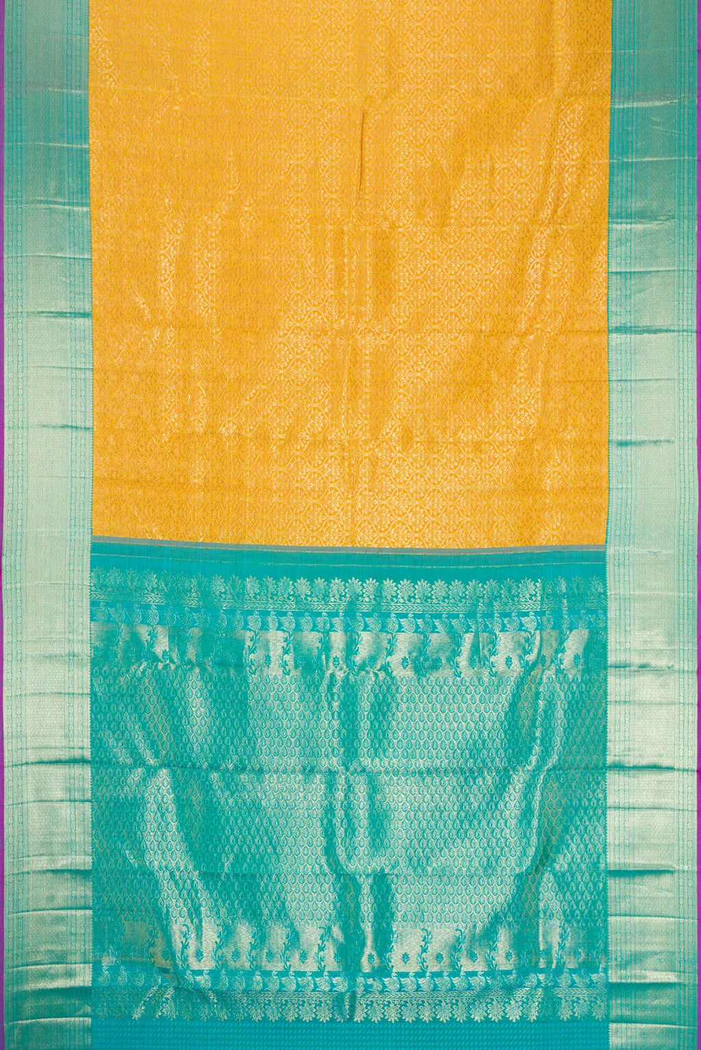 Flat view of Mustard Dual Tone Kanchipuram Silk Saree with Zari Brocade on the body and Zari Border. 
