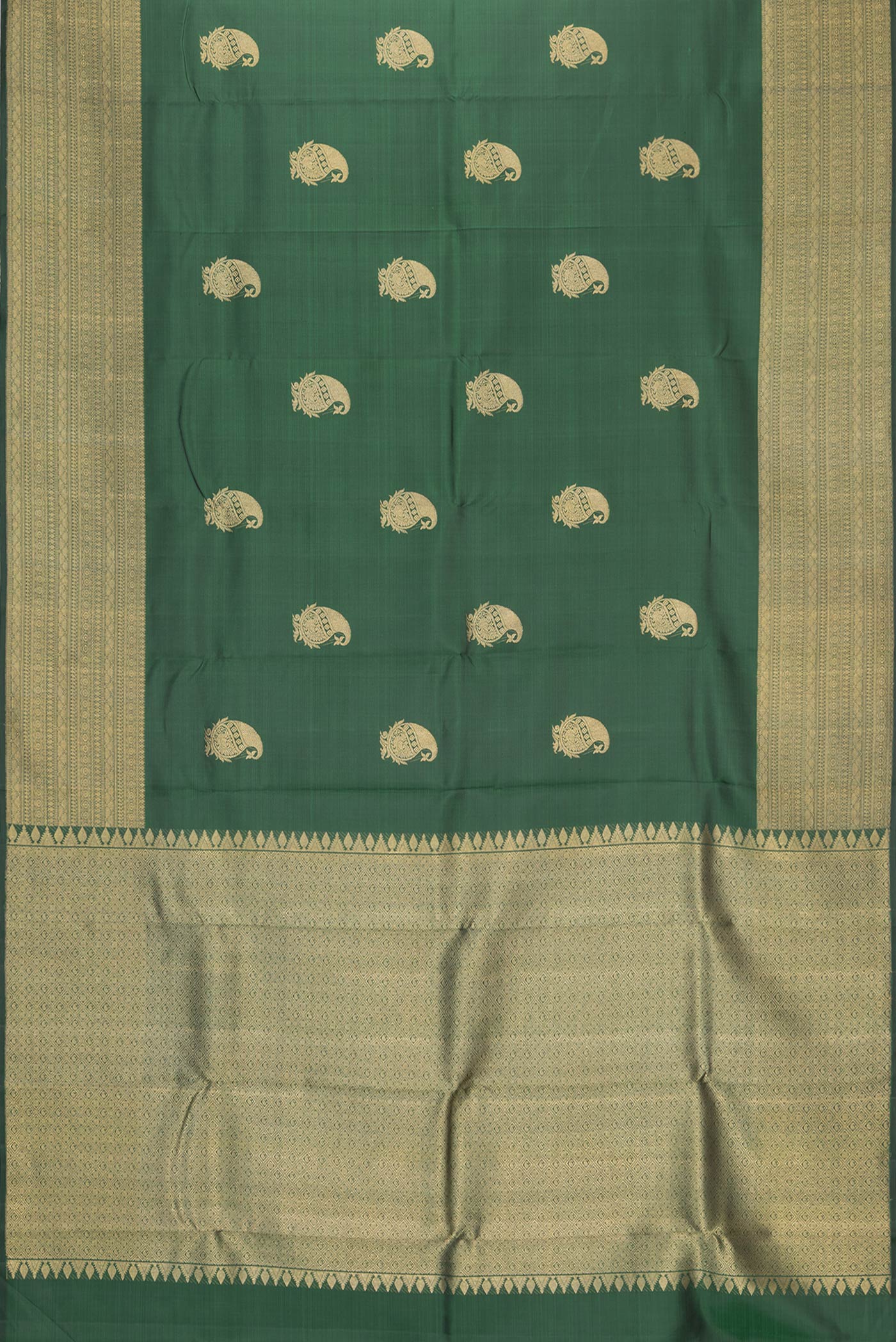 Flat view of Bottle Green Dual Tone Kanchipuram Silk Saree with Zari Butta on the body and Zari Border. 