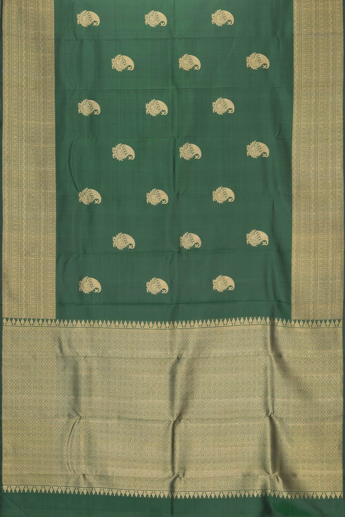 Flat view of Bottle Green Dual Tone Kanchipuram Silk Saree with Zari Butta on the body and Zari Border. 