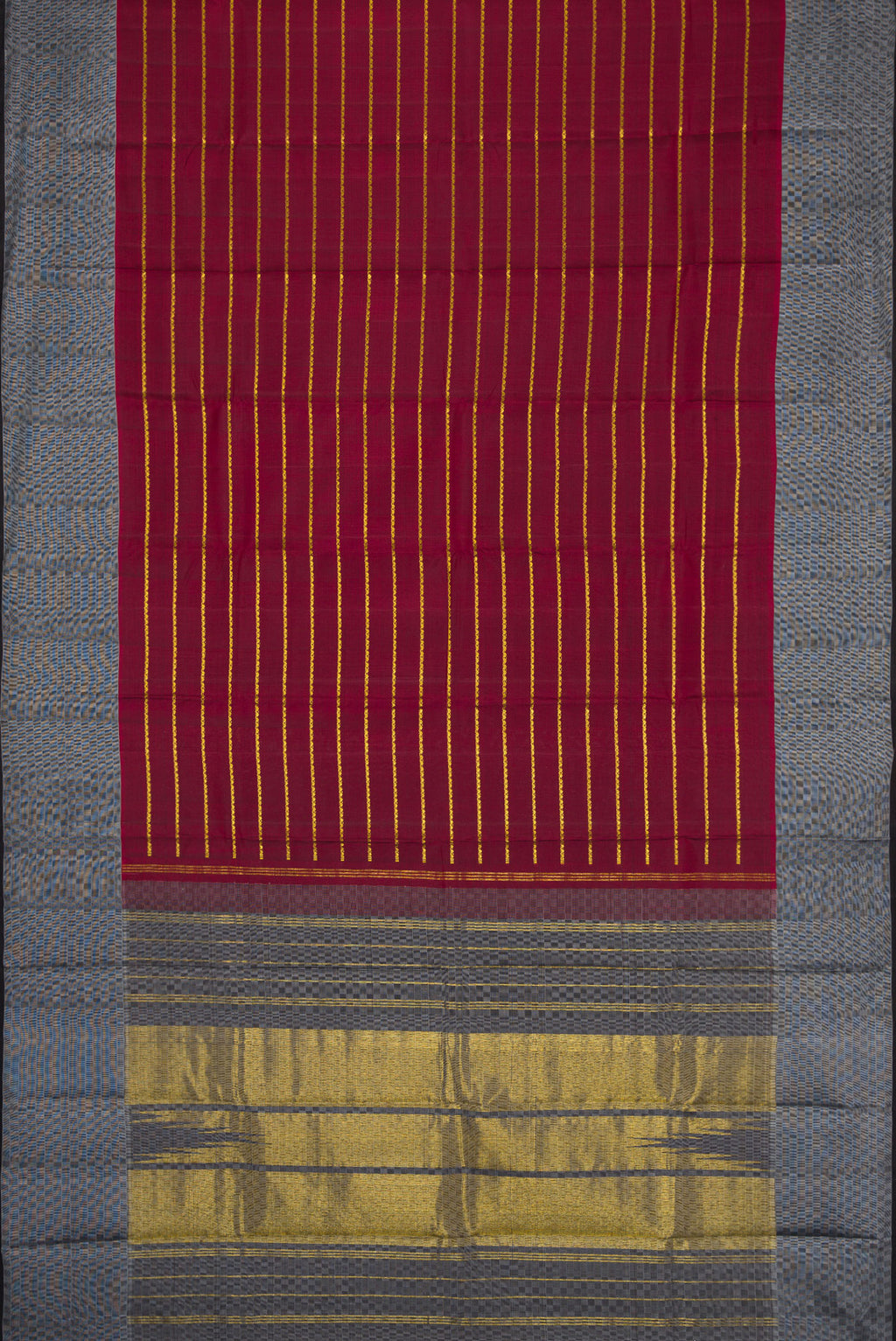Flat view of Maroon Dual Tone Kanchipuram Silk Saree with Stripes on the body and Checks Border. 