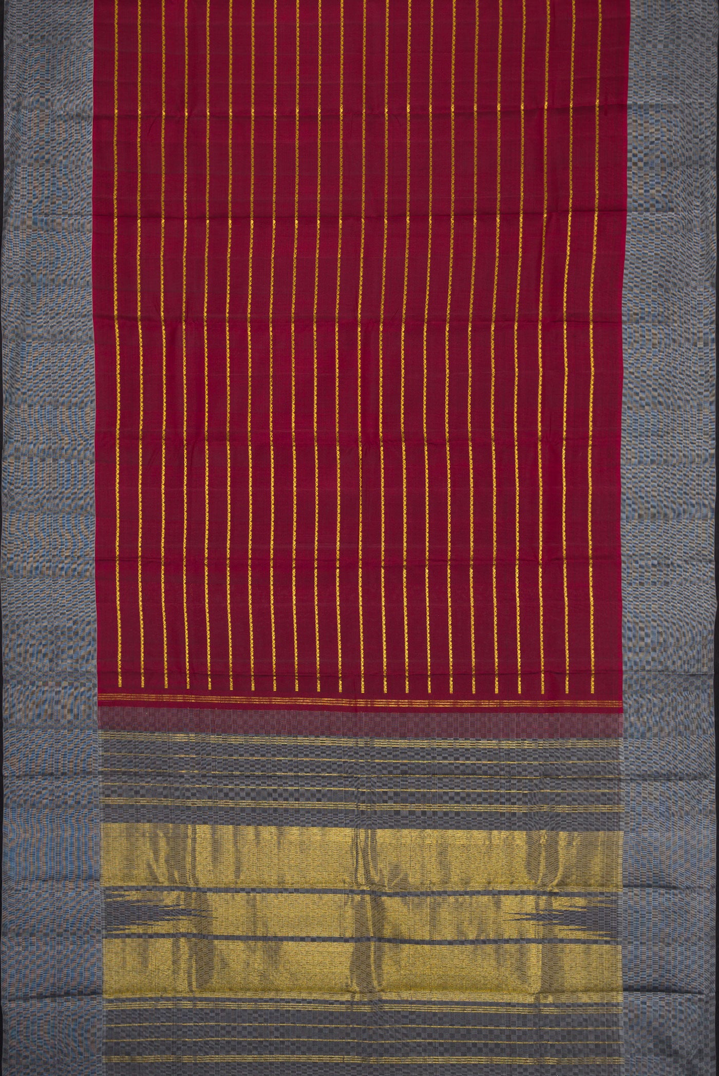 Flat view of Maroon Dual Tone Kanchipuram Silk Saree with Stripes on the body and Checks Border. 