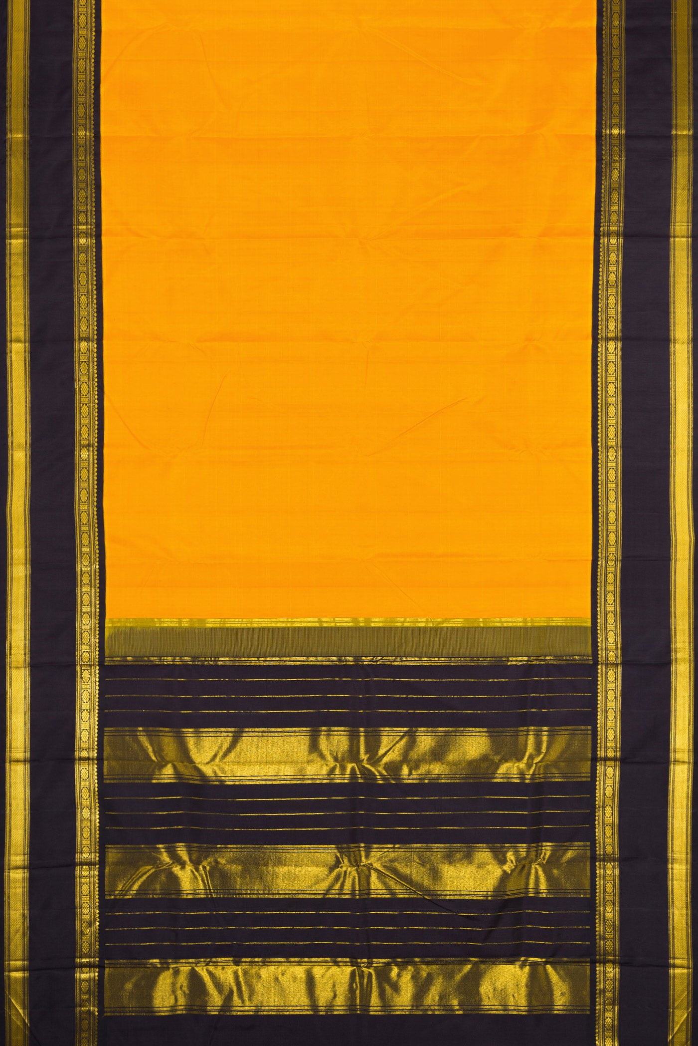 Flat view of Pure Silk Pure Zari Mustard Dual Tone Kanjivaram Saree with Plain Body and Zari Border. 