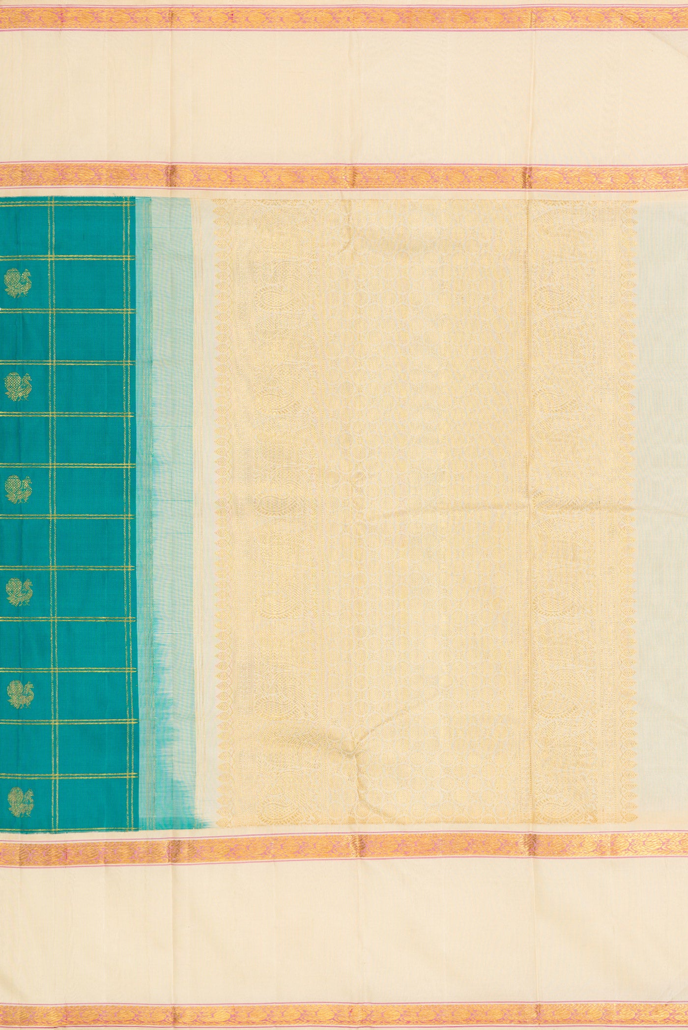 Close up image of the pallu of Green Dual Tone Kanjivaram Silk Saree with Checked design on the body and Zari Border. 