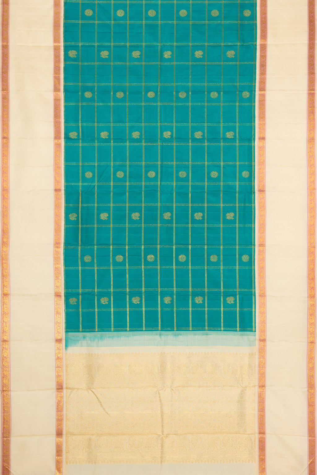 Flat view of Green Dual Tone Kanjivaram Silk Saree with Checked design on the body and Zari Border. 
