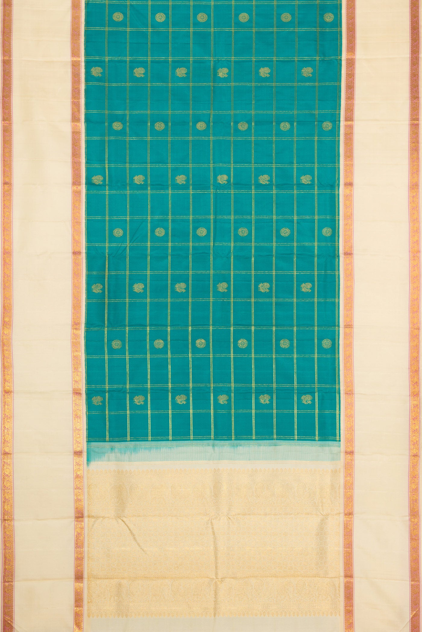 Flat view of Green Dual Tone Kanjivaram Silk Saree with Checked design on the body and Zari Border. 