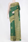 Pure Silk Pure Zari Bottle Green Dual Tone Kanchipuram Saree with Zari Butta on the body and Zari Border displayed on a mannequin