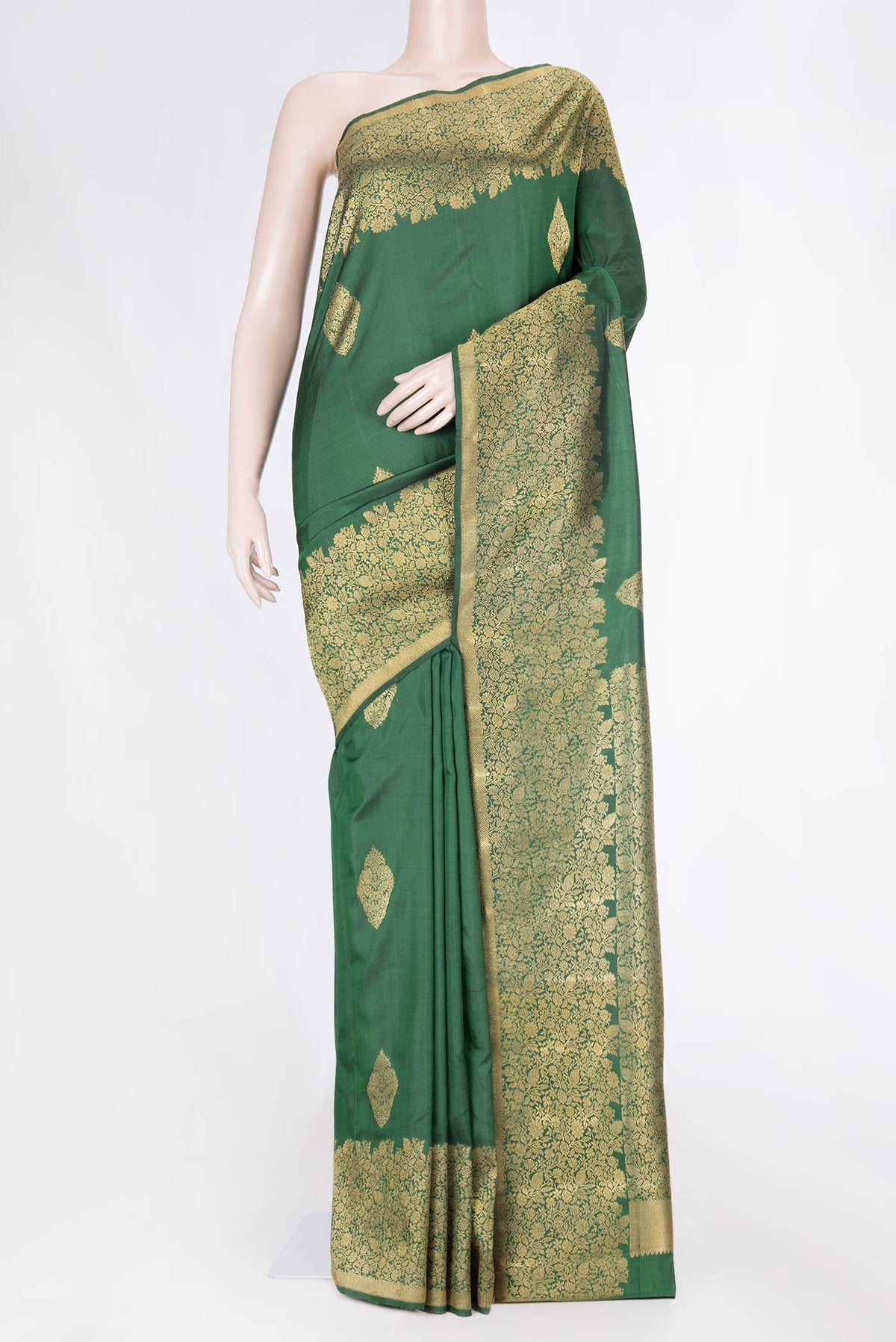 Pure Silk Pure Zari Bottle Green Dual Tone Kanchipuram Saree with Zari Butta on the body and Zari Border displayed on a mannequin