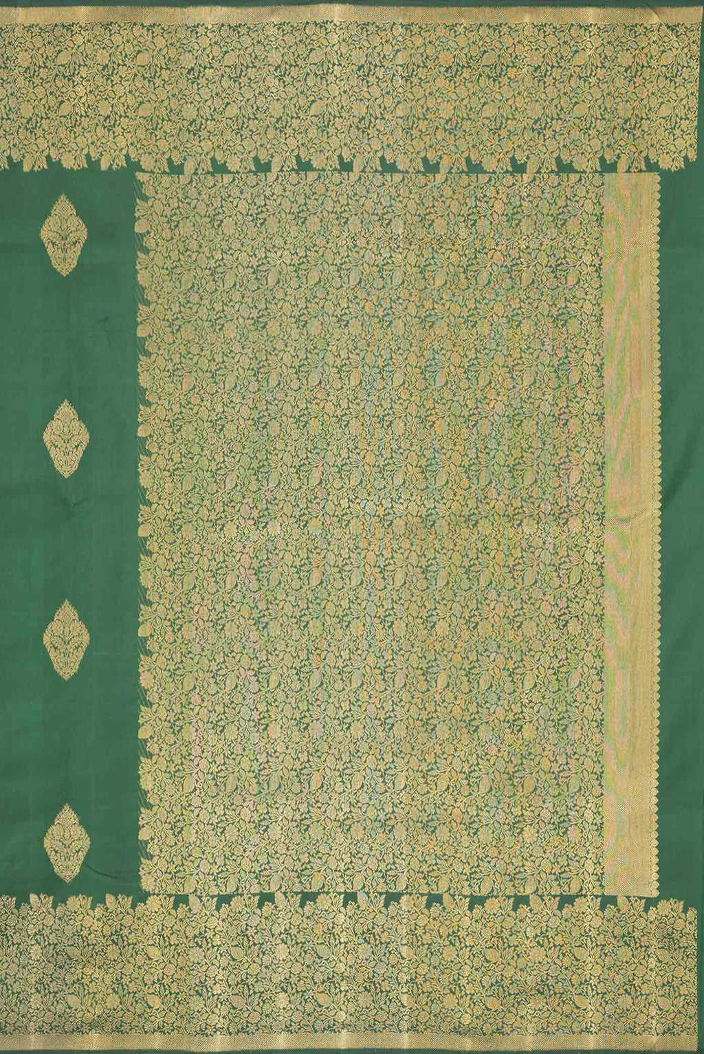 Close up image of the pallu of Pure Silk Pure Zari Bottle Green Dual Tone Kanchipuram Saree with Zari Butta on the body and Zari Border