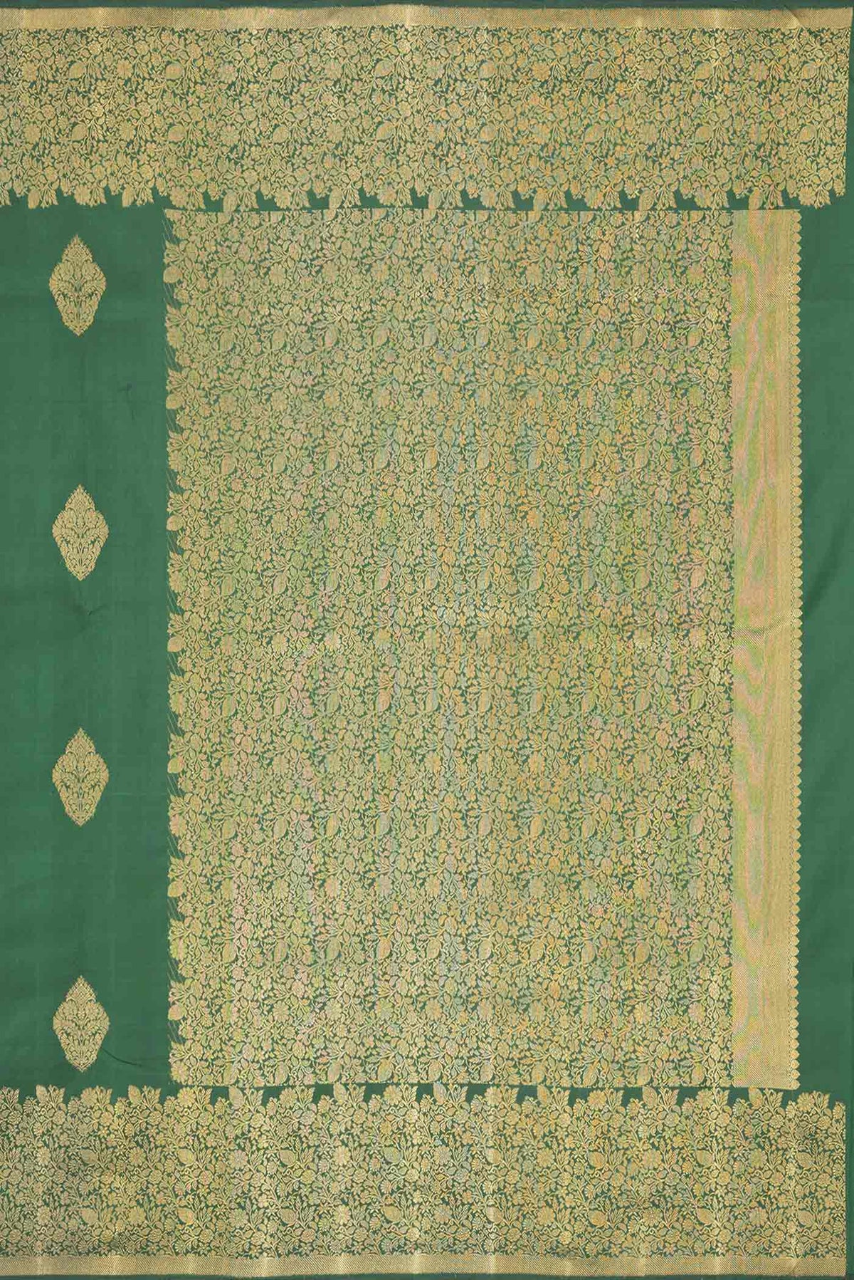 Close up image of the pallu of Pure Silk Pure Zari Bottle Green Dual Tone Kanchipuram Saree with Zari Butta on the body and Zari Border