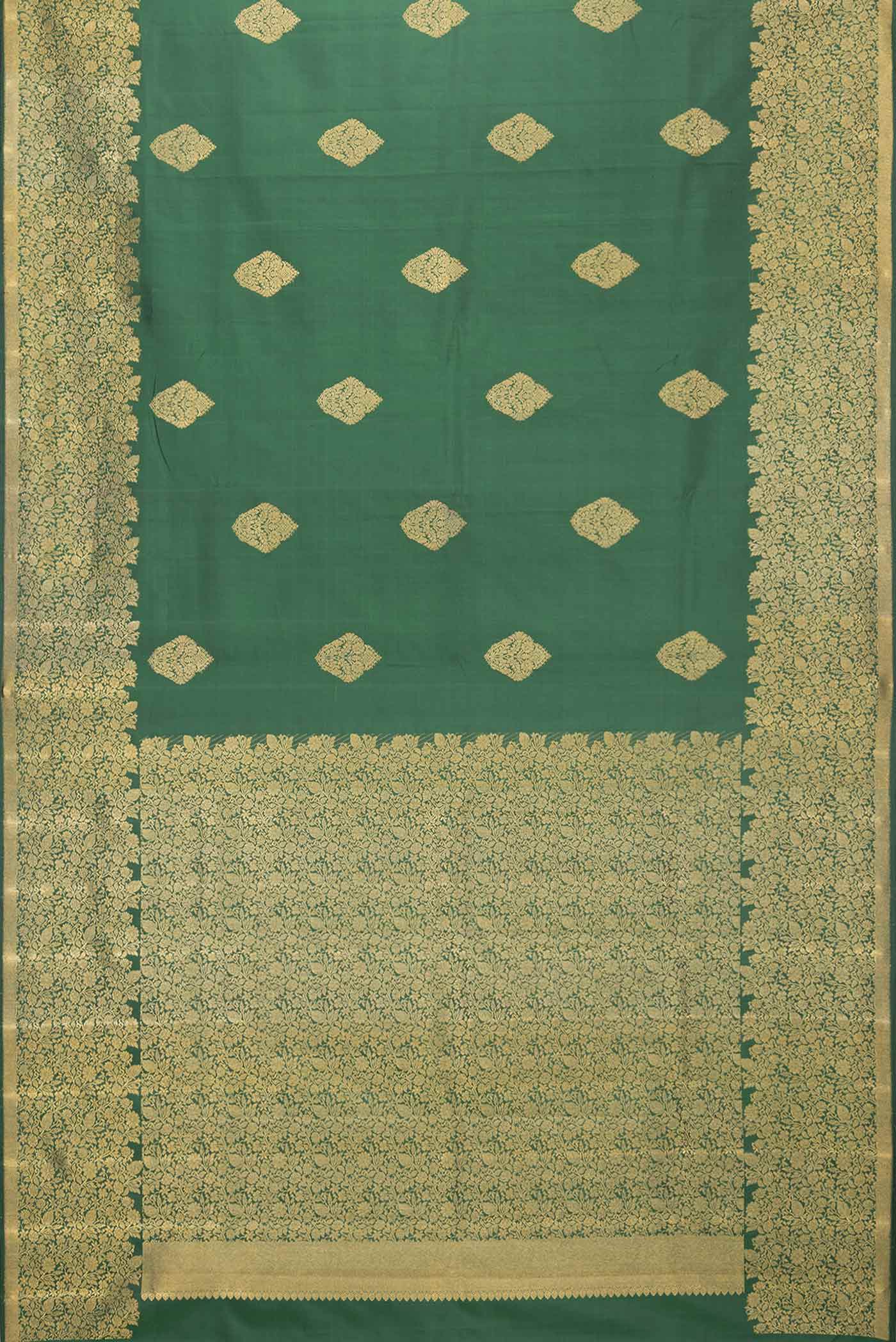 Flat view of Pure Silk Pure Zari Bottle Green Dual Tone Kanchipuram Saree with Zari Butta on the body and Zari Border