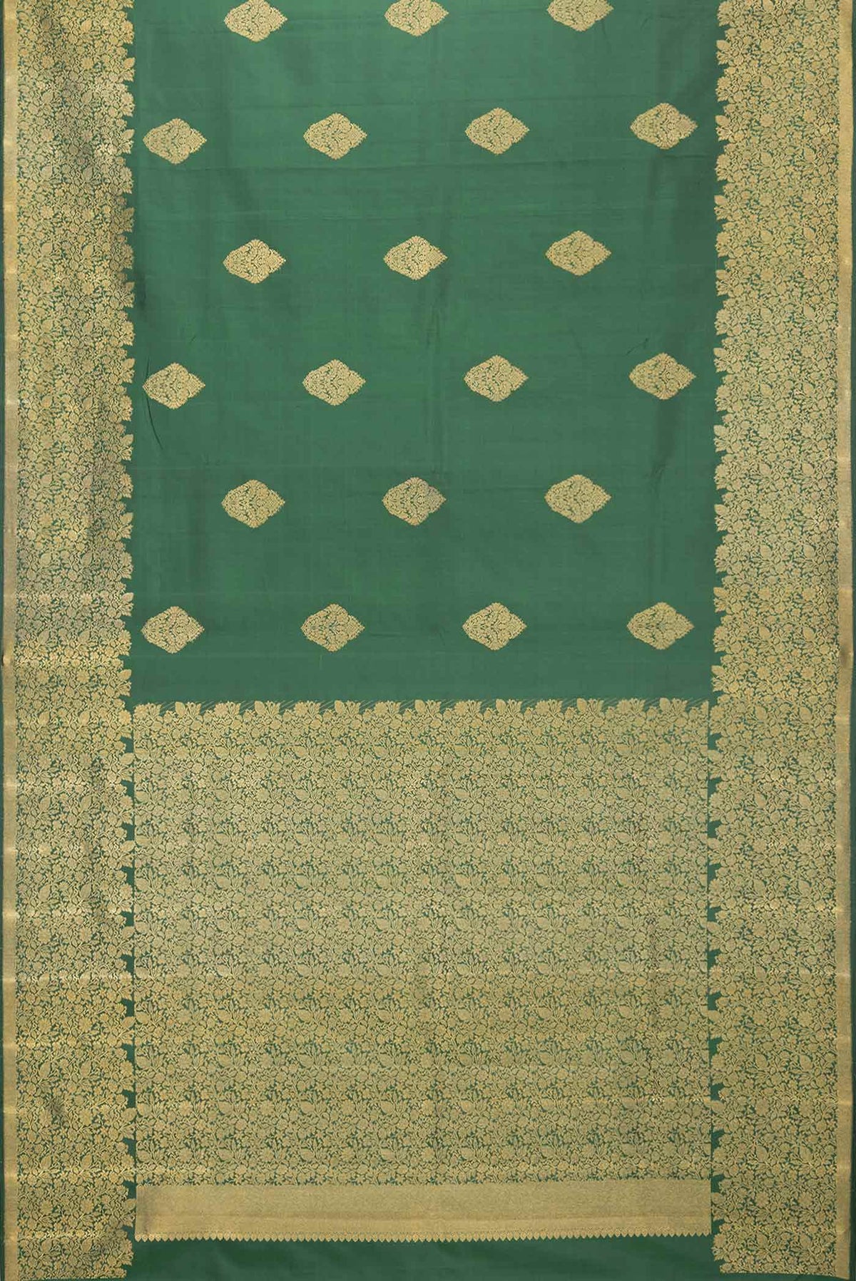 Flat view of Pure Silk Pure Zari Bottle Green Dual Tone Kanchipuram Saree with Zari Butta on the body and Zari Border
