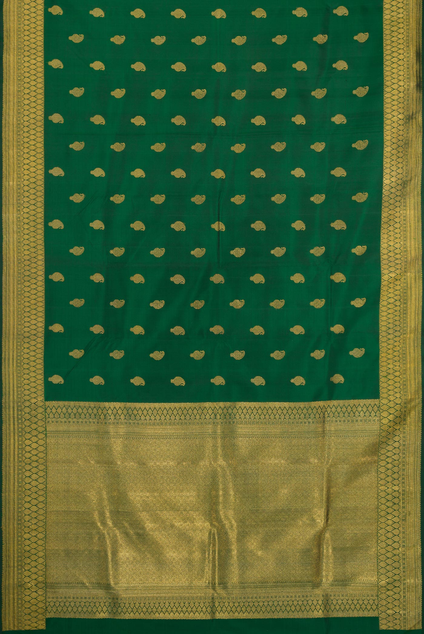 Flat view of Pure Silk Pure Zari Green Kanjivaram Saree with Zari Butta on the body and Zari Border. 