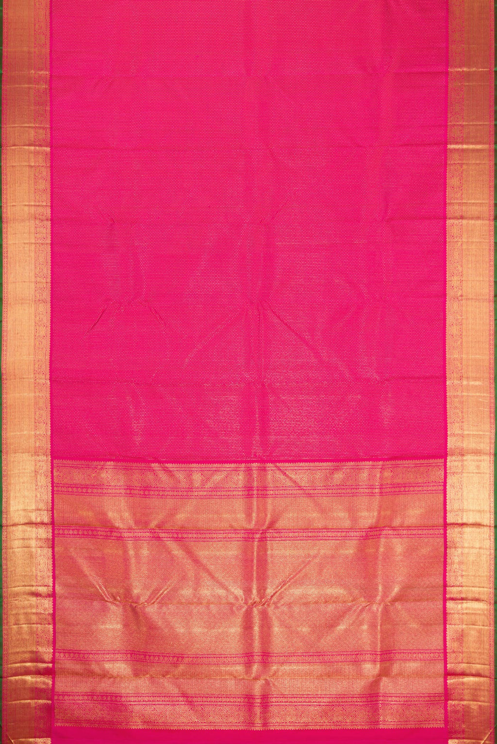 Flat view of Pure Silk Pure Zari Pink Dual Tone Kanjivaram Saree with Zari Brocade on the body and Zari Border. 