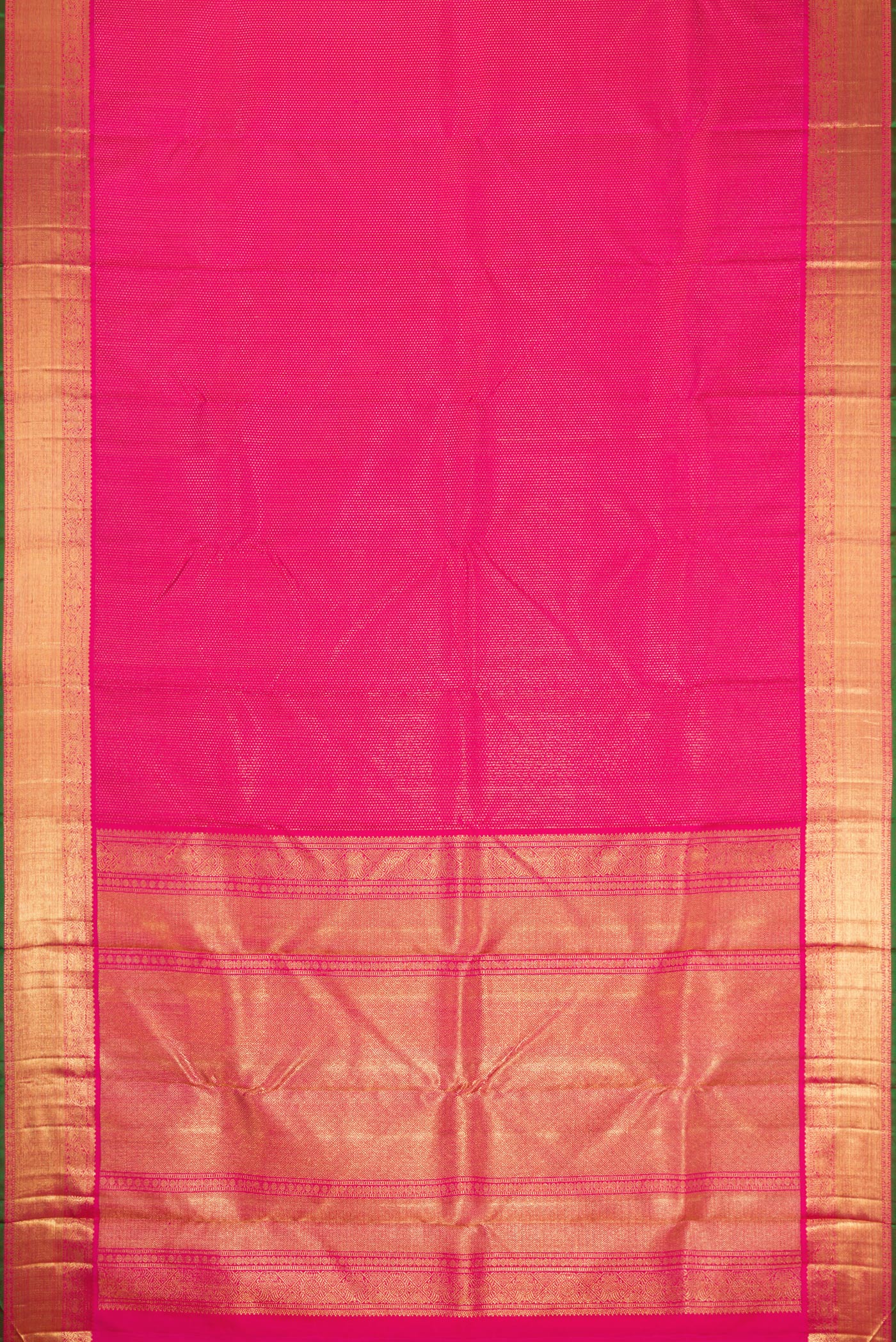Flat view of Pure Silk Pure Zari Pink Dual Tone Kanjivaram Saree with Zari Brocade on the body and Zari Border. 