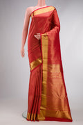 Pure Silk Pure Zari Red Dual Tone Kanjivaram Saree with Zari Brocade on the body and Zari Border.  displayed on a mannequin