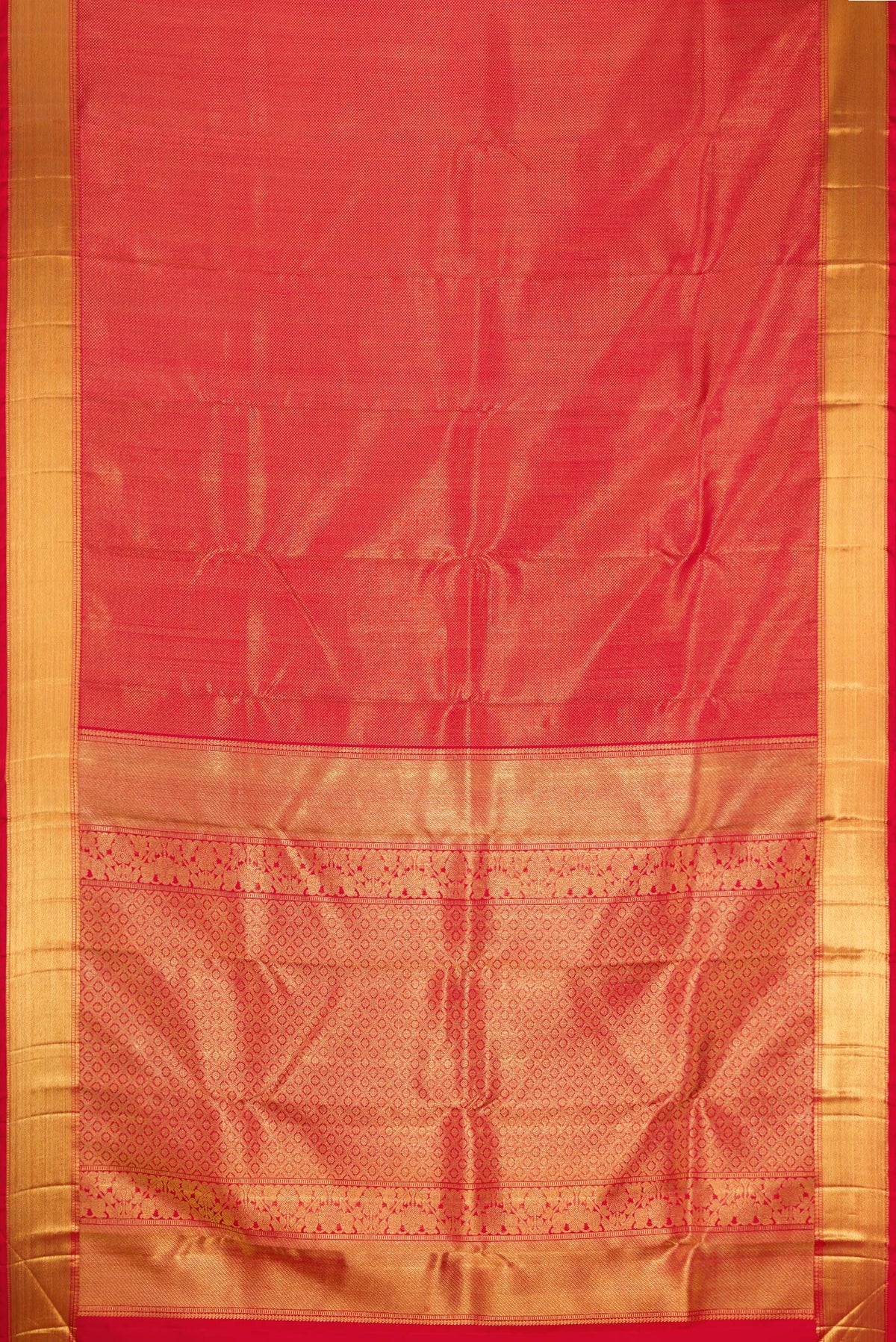 Flat view of Pure Silk Pure Zari Red Dual Tone Kanjivaram Saree with Zari Brocade on the body and Zari Border. 