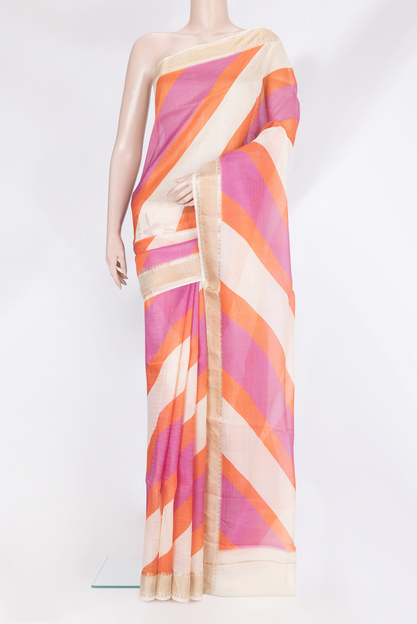 Multi Color Kota Silk Saree with Printed design on the body and Zari Border.  displayed on a mannequin