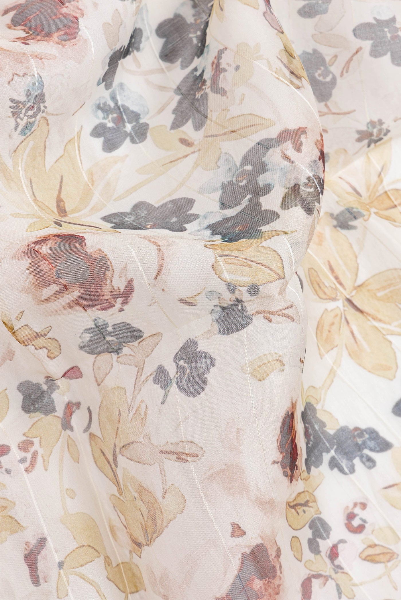 Close up of Sandal Dual Tone Organza Silk Saree with Printed design on the body and Zari Border.  displaying folds