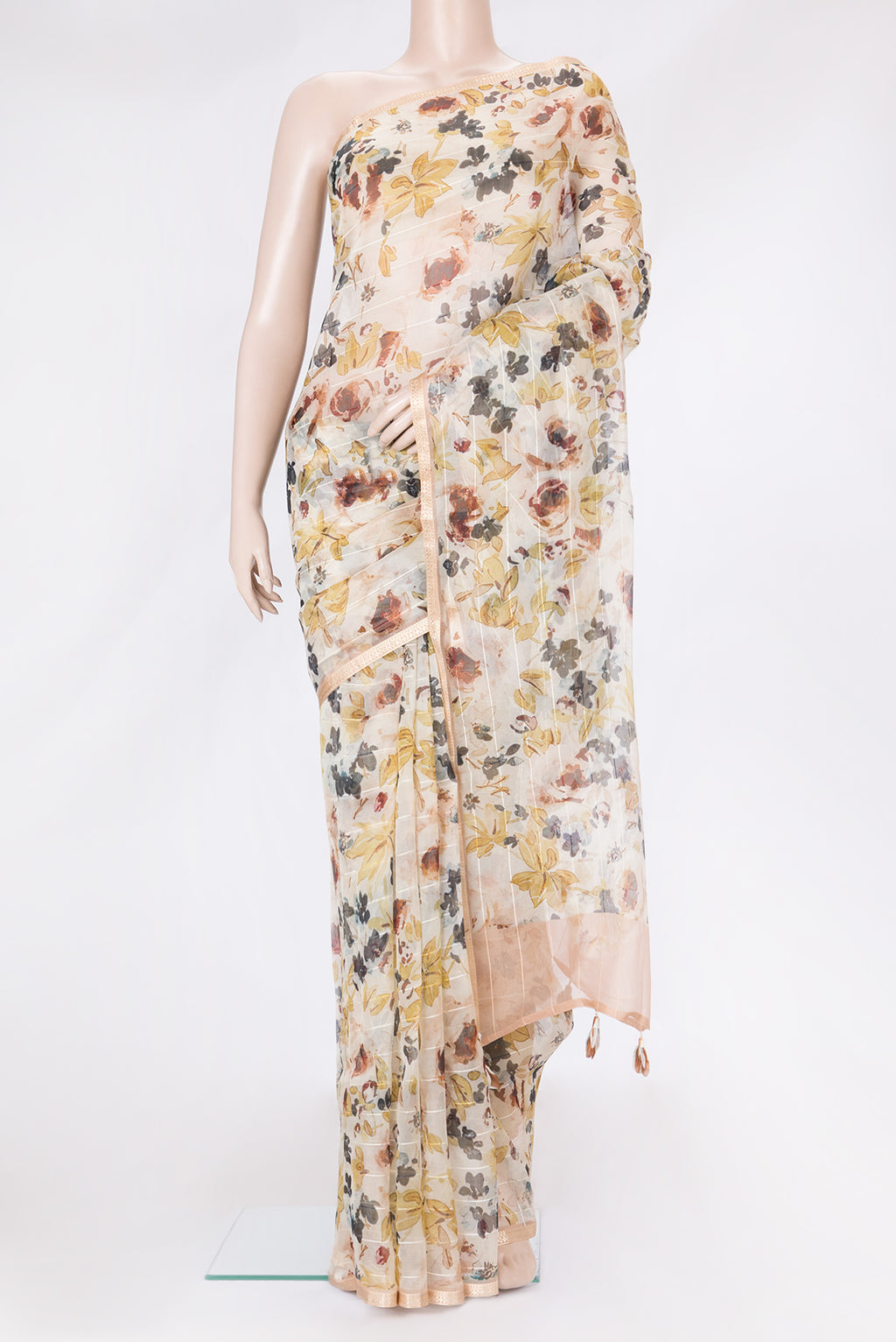 Sandal Dual Tone Organza Silk Saree with Printed design on the body and Zari Border.  displayed on a mannequin