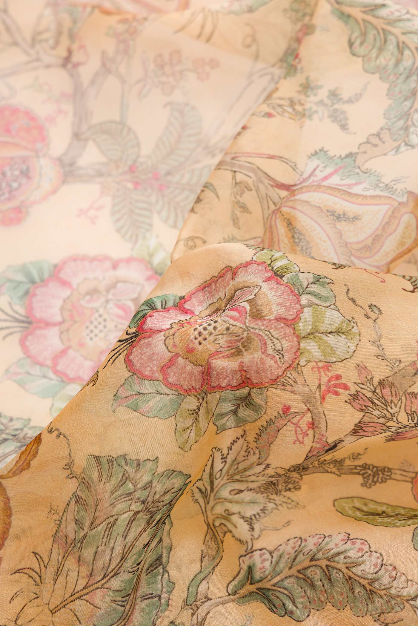 Close up of Sandal Dual Tone Organza Silk Saree with Printed design on the body and Zari Border.  displaying folds