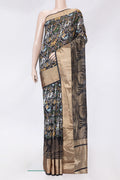 Black Dual Tone Tussar Silk Saree with Printed design on the body and Zari Border.  displayed on a mannequin