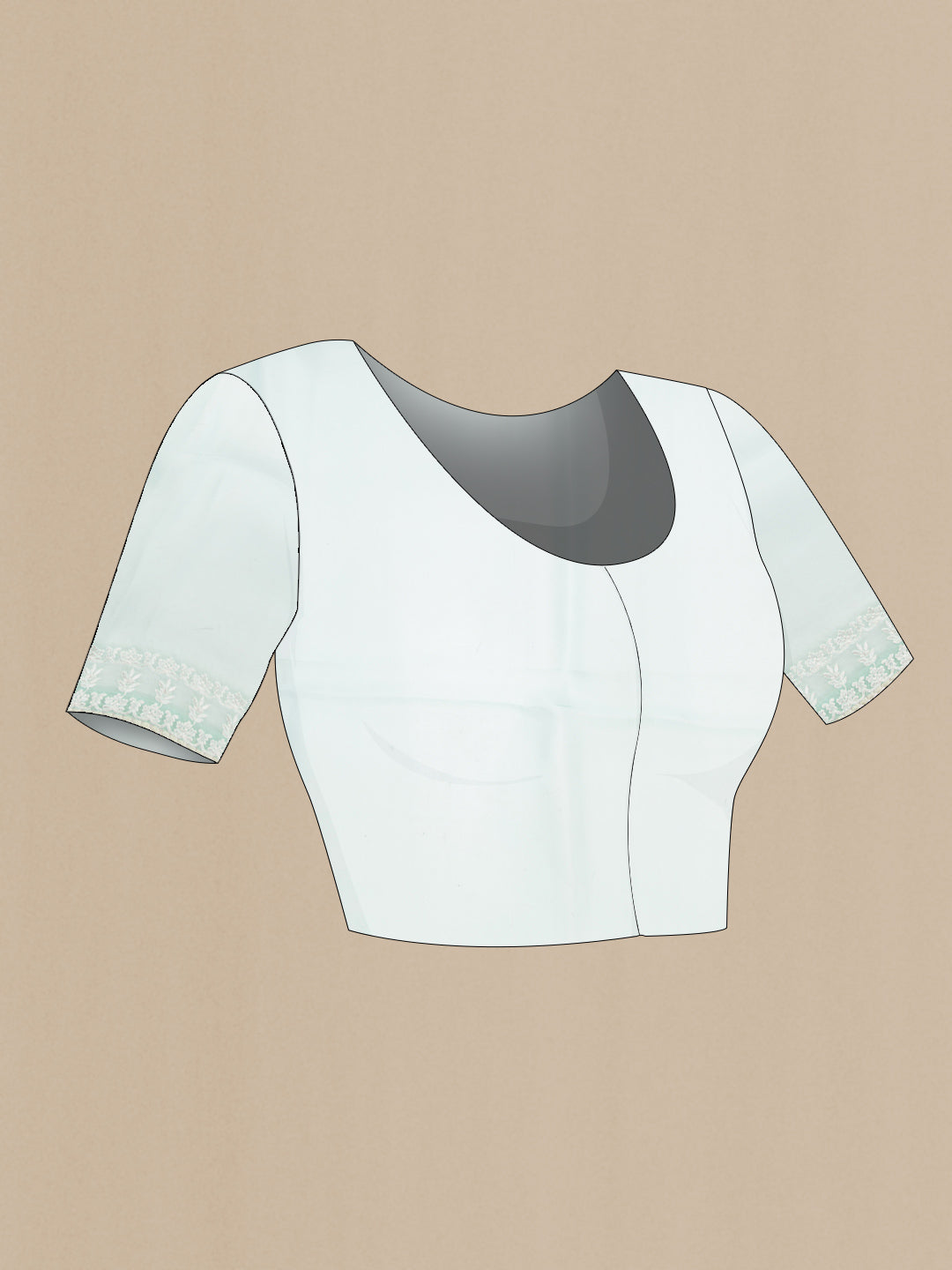 Close up image of the blouse of Light Blue Dual Tone Organza Silk Saree with Printed design on the body and Embroidery Border. 