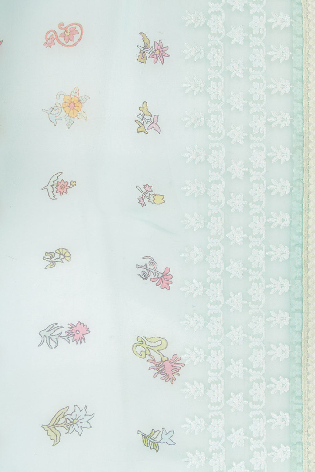 Border image of Light Blue Dual Tone Organza Silk Saree with Printed design on the body and Embroidery Border. 