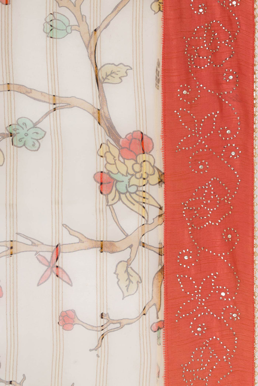 Border image of Beige Dual Tone Organza Silk Saree with Printed design on the body and Fancy Border. 