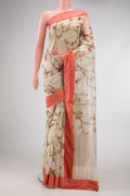 Beige Dual Tone Organza Silk Saree with Printed design on the body and Fancy Border.  displayed on a mannequin