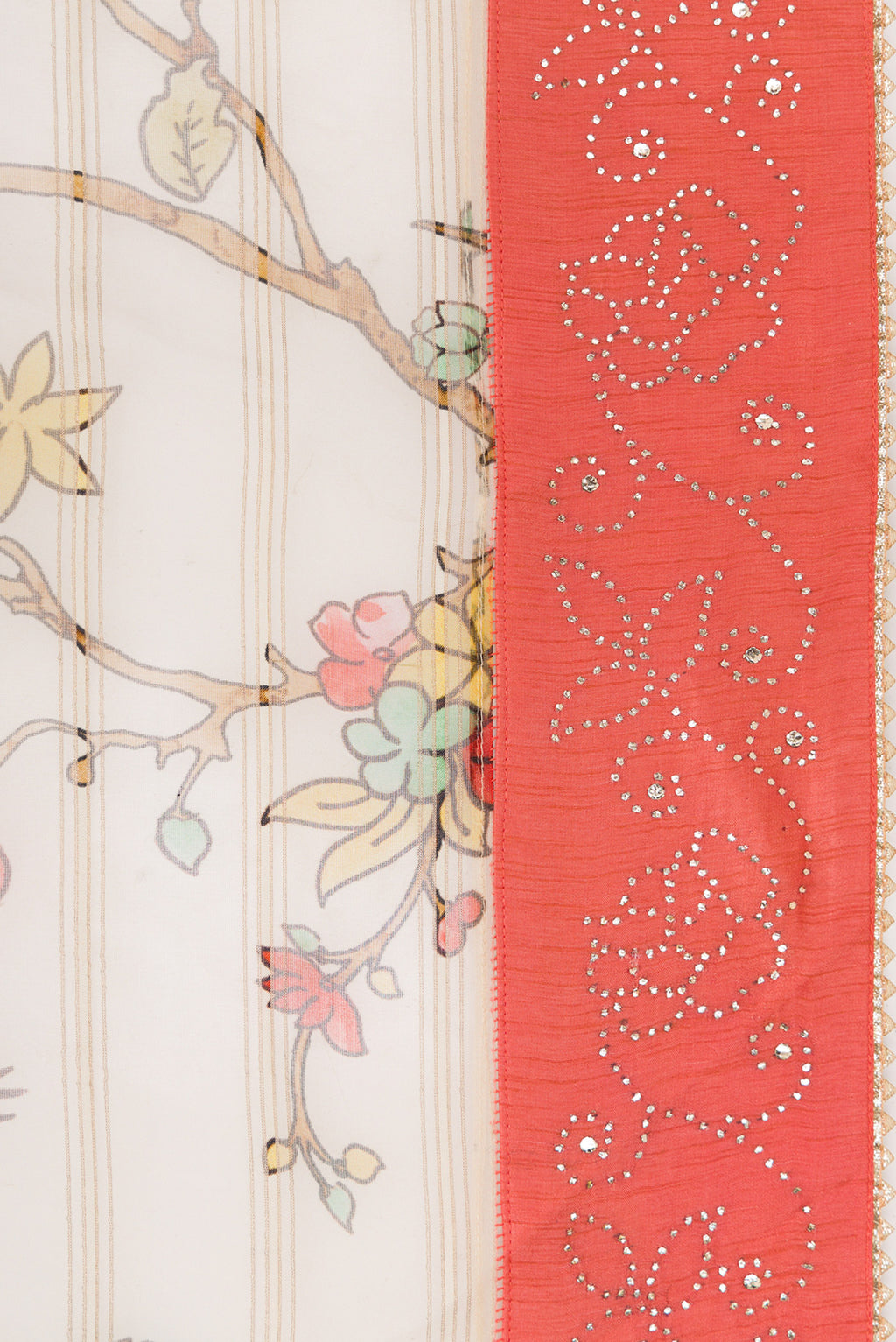 Border image of Beige Dual Tone Organza Silk Saree with Printed design on the body and Embroidery Border. 