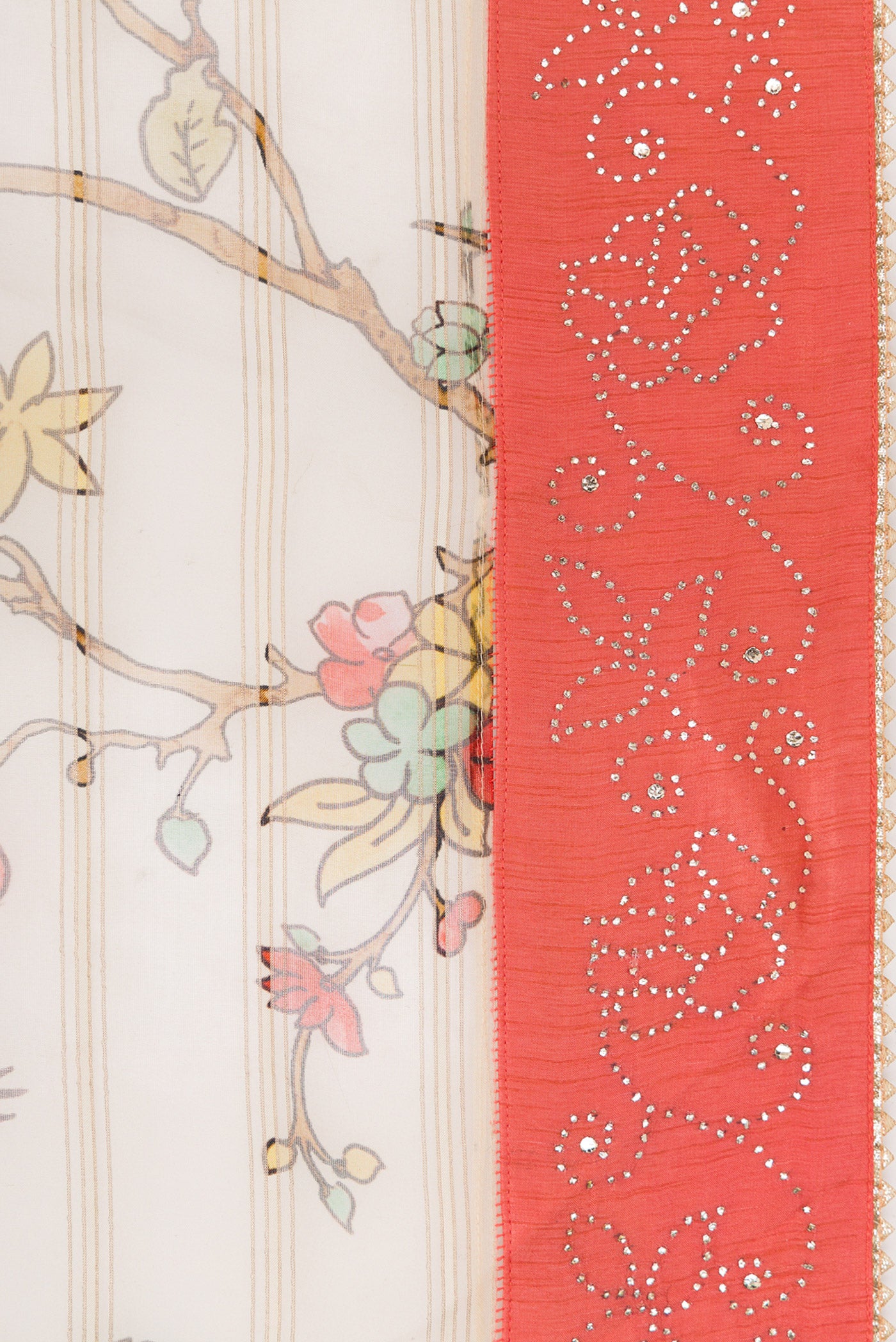 Border image of Beige Dual Tone Organza Silk Saree with Printed design on the body and Embroidery Border. 